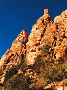 Kaibab Limestone in front of a blue sky viewed from South Kaibab Trail in the Toroweap layer.