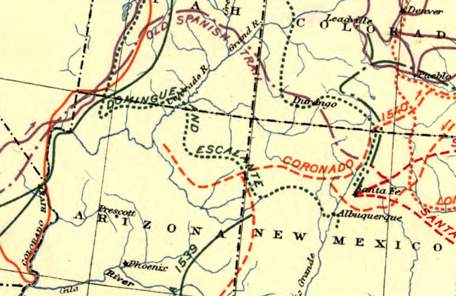 Detail of 1907 map showing pioneer trails and expedition routes through 1884. Detail is centered on the four corners region of the American Southwest.