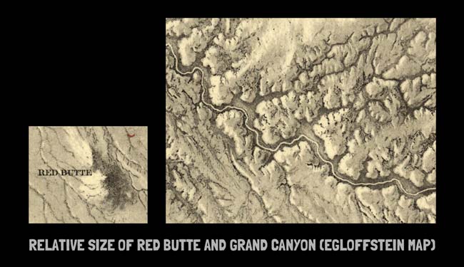 Illustration showing the relative sizes of Red Butte and Grand Canyon on Egloffstein's map.