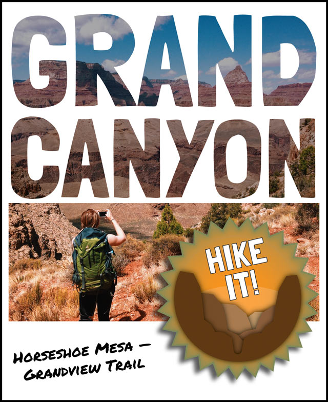 Polaroid-style photo of hiker taking a photograph on Horseshoe Mesa along the Grandview Trail