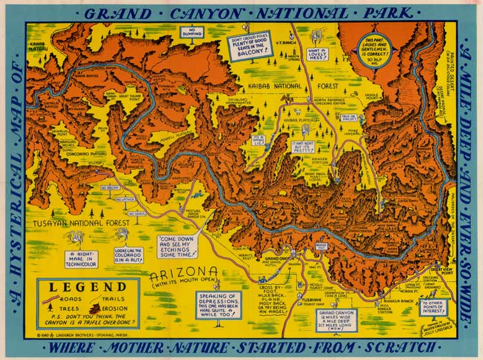 Cartoon travel map of Grand Canyon drawn by commercial artist Jolly Lindgren.