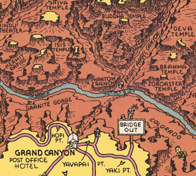 Detail from Jolly Lindgren's 1940 cartoon travel map of Grand Canyon, showing Grand Canyon Village, Phantom Ranch, and surrounding area.