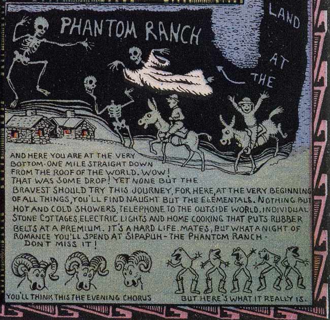 Detail from cartoon map by Jo Mora that conflates Sipapu and Phantom Ranch in Grand Canyon