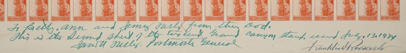 Detail of signatures from Farley and FDR on 1934 printing of Grand Canyon stamps